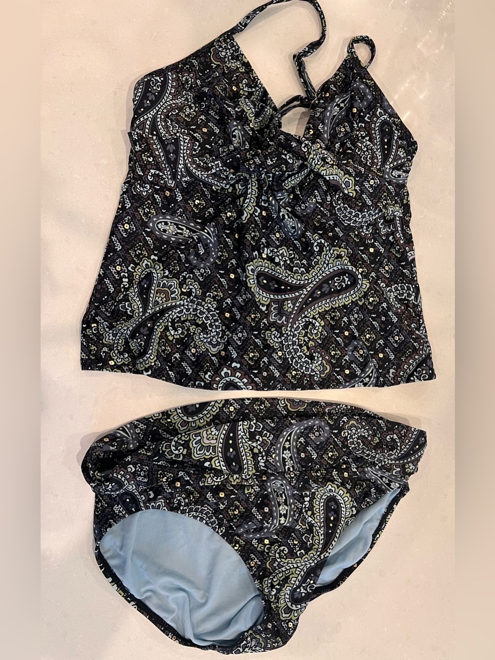 Athleta 3 pc bikini/tankini set 36D/M in brown blue paisley w gold beads - Picture 4 of 9